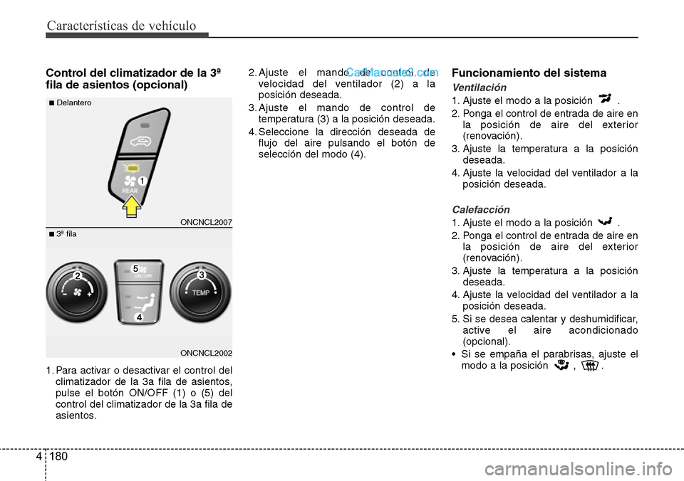 Hyundai Grand Santa Fe 2015 Manual del propietario (in Spanish) Características de vehículo
180 4
Control del climatizador de la 3ª
fila de asientos (opcional)
1. Para activar o desactivar el control del
climatizador de la 3a fila de asientos,
pulse el botón O Hyundai Grand Santa Fe 2015 Manual del propietario (in Spanish) Características de vehículo
180 4
Control del climatizador de la 3ª
fila de asientos (opcional)
1. Para activar o desactivar el control del
climatizador de la 3a fila de asientos,
pulse el botón O