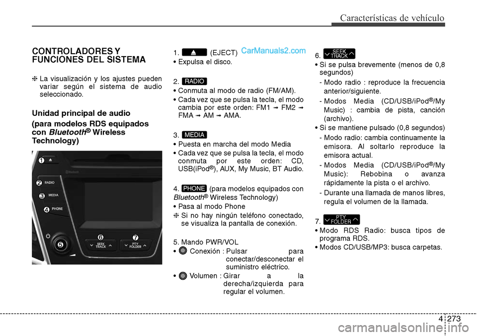 Hyundai Grand Santa Fe 2015 Manual del propietario (in Spanish) 4273
Características de vehículo
CONTROLADORES Y
FUNCIONES DEL SISTEMA
❈ La visualización y los ajustes pueden
variar según el sistema de audio
seleccionado.
Unidad principal de audio
(para mod Hyundai Grand Santa Fe 2015 Manual del propietario (in Spanish) 4273
Características de vehículo
CONTROLADORES Y
FUNCIONES DEL SISTEMA
❈ La visualización y los ajustes pueden
variar según el sistema de audio
seleccionado.
Unidad principal de audio
(para mod