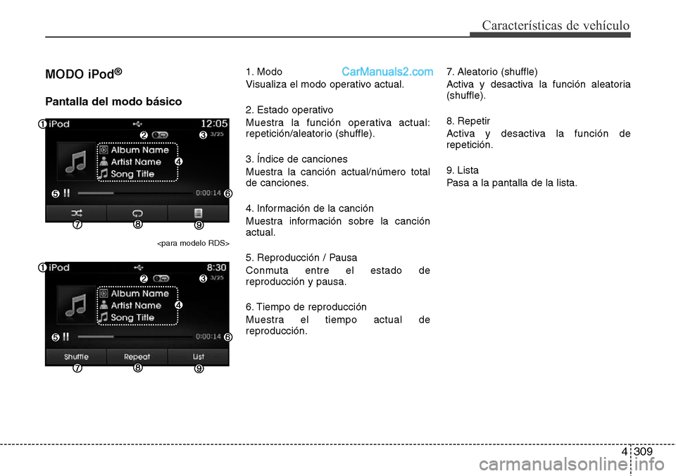 Hyundai Grand Santa Fe 2015  Manual del propietario (in Spanish) 4309
Características de vehículo
MODO iPod®
Pantalla del modo básico
<para modelo RDS>
1. Modo
Visualiza el modo operativo actual.
2. Estado operativo
Muestra la función operativa actual:
repetic