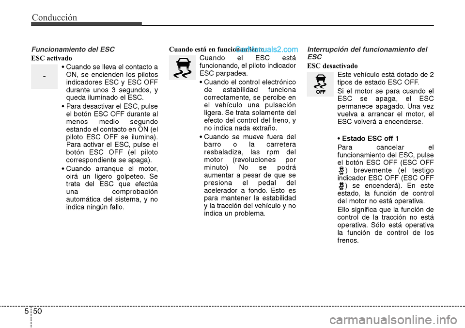 Hyundai Grand Santa Fe 2015 Manual del propietario (in Spanish) Conducción
50 5
Funcionamiento del ESC
ESC activado
• Cuando se lleva el contacto a
ON, se encienden los pilotos
indicadores ESC y ESC OFF
durante unos 3 segundos, y
queda iluminado el ESC.
• Par Hyundai Grand Santa Fe 2015 Manual del propietario (in Spanish) Conducción
50 5
Funcionamiento del ESC
ESC activado
• Cuando se lleva el contacto a
ON, se encienden los pilotos
indicadores ESC y ESC OFF
durante unos 3 segundos, y
queda iluminado el ESC.
• Par