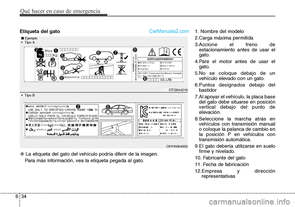 Hyundai Grand Santa Fe 2015  Manual del propietario (in Spanish) Qué hacer en caso de emergencia
34 6
Etiqueta del gato1. Nombre del modelo
2.Carga máxima permitida
3.Accione el freno de
estacionamiento antes de usar el
gato.
4.Pare el motor antes de usar el
gato