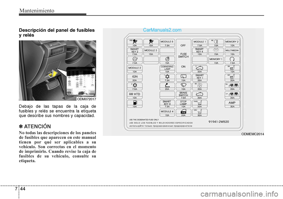 Hyundai Grand Santa Fe 2015  Manual del propietario (in Spanish) Mantenimiento
44 7
Descripción del panel de fusibles
y relés
Debajo de las tapas de la caja de
fusibles y relés se encuentra la etiqueta
que describe sus nombres y capacidad.
✽ ATENCIÓN
No todas