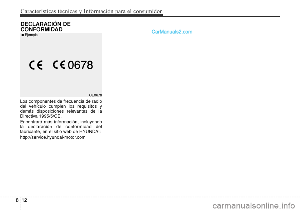 Hyundai Grand Santa Fe 2015  Manual del propietario (in Spanish) Los componentes de frecuencia de radio
del vehículo cumplen los requisitos y
demás disposiciones relevantes de la
Directiva 1995/5/CE.
Encontrará más información, incluyendo
la declaración de co