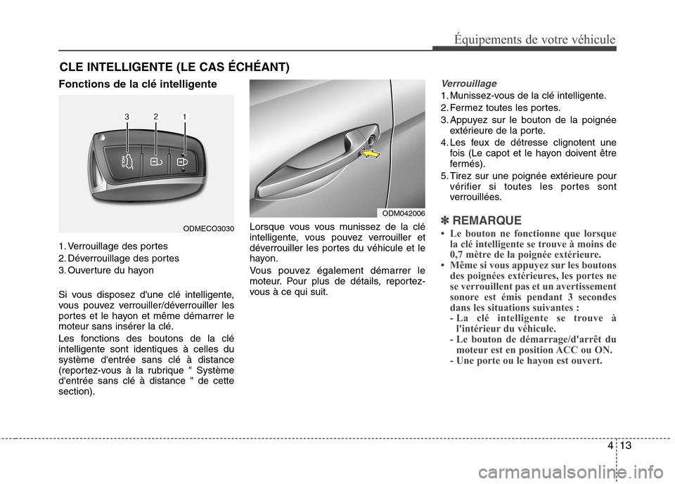 Hyundai Grand Santa Fe 2015  Manuel du propriétaire (in French) 413
Équipements de votre véhicule
Fonctions de la clé intelligente 
1. Verrouillage des portes 
2. Déverrouillage des portes
3. Ouverture du hayon 
Si vous disposez dune clé intelligente, 
vous 