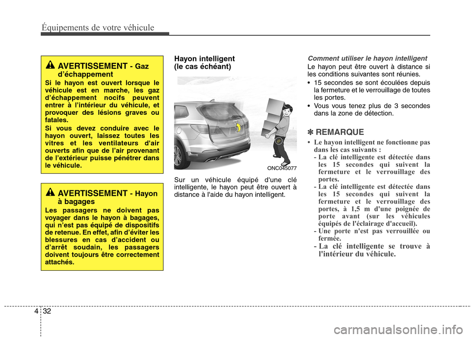 Hyundai Grand Santa Fe 2015  Manuel du propriétaire (in French) 32
4 Hayon intelligent  
(le cas échéant) Sur un véhicule équipé dune clé 
intelligente, le hayon peut être ouvert à
distance à laide du hayon intelligent.
Comment utiliser le hayon intelli