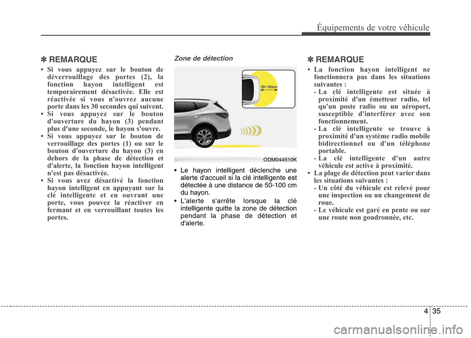 Hyundai Grand Santa Fe 2015  Manuel du propriétaire (in French) 435
✽✽REMARQUE
 Si vous appuyez sur le bouton de déverrouillage des portes (2), la 
fonction hayon intelligent est
temporairement désactivée. Elle est
réactivée si vous nouvrez aucune
porte