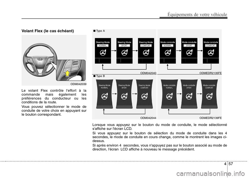Hyundai Grand Santa Fe 2015  Manuel du propriétaire (in French) 457
Équipements de votre véhicule
Volant Flex (le cas échéant) 
Le volant Flex contrôle leffort à la commande mais également lespréférences du conducteur ou les
conditions de la route. 
Vous