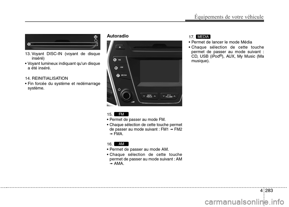 Hyundai Grand Santa Fe 2015  Manuel du propriétaire (in French) 4283
Équipements de votre véhicule
13. Voyant DISC-IN (voyant de disqueinséré)
 a été inséré.
14. REINITIALISATION 
 système. Autoradio 15. 
Permet de passer au mode FM.
Chaque sélection de 