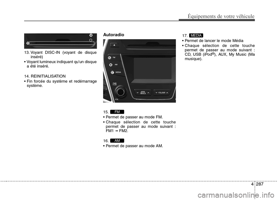 Hyundai Grand Santa Fe 2015  Manuel du propriétaire (in French) 4287
Équipements de votre véhicule
13. Voyant DISC-IN (voyant de disqueinséré)
 a été inséré.
14. REINITIALISATION 
 système. Autoradio 15. 


permet de passer au mode suivant : FM1  ➟ 
FM2