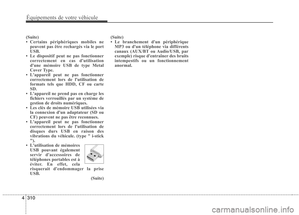 Hyundai Grand Santa Fe 2015  Manuel du propriétaire (in French) 310
4
Équipements de votre véhicule
(Suite) 
 Certains périphériques mobiles ne
peuvent pas être rechargés via le port
USB.
 Le dispositif peut ne pas fonctionner correctement en cas dutilisa