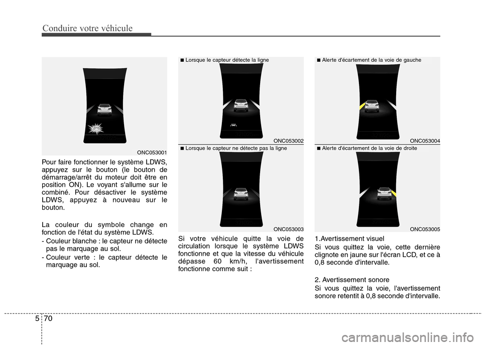 Hyundai Grand Santa Fe 2015 Manuel du propriétaire (in French) Conduire votre véhicule
70
5
Pour faire fonctionner le système LDWS,
appuyez sur le bouton (le bouton de
démarrage/arrêt du moteur doit être en
position ON). Le voyant sallume sur le
combiné. Hyundai Grand Santa Fe 2015 Manuel du propriétaire (in French) Conduire votre véhicule
70
5
Pour faire fonctionner le système LDWS,
appuyez sur le bouton (le bouton de
démarrage/arrêt du moteur doit être en
position ON). Le voyant sallume sur le
combiné.