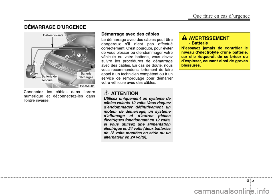 Hyundai Grand Santa Fe 2015  Manuel du propriétaire (in French) 65
Que faire en cas d’urgence
DÉMARRAGE D’URGENCE
Connectez les câbles dans l’ordre 
numérique et déconnectez-les dans
l’ordre inverse. Démarrage avec des câbles 
Le démarrage avec des 
