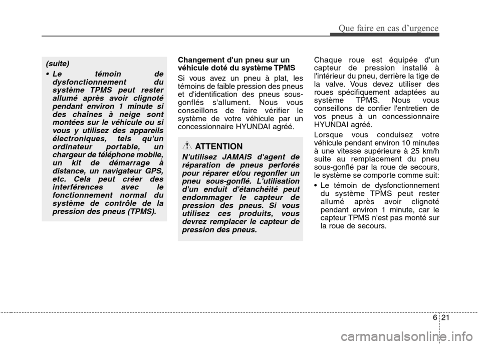Hyundai Grand Santa Fe 2015  Manuel du propriétaire (in French) 621
Que faire en cas d’urgence
Changement dun pneu sur un 
véhicule doté du système TPMS  
Si vous avez un pneu à plat, les 
témoins de faible pression des pneuset didentification des pneus s
