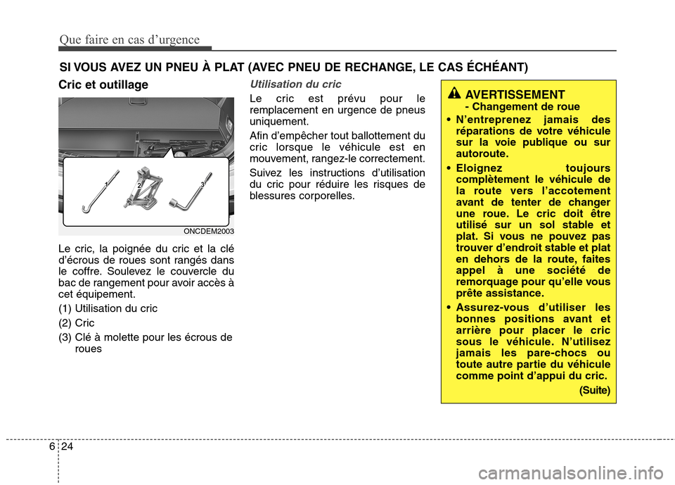 Hyundai Grand Santa Fe 2015  Manuel du propriétaire (in French) Que faire en cas d’urgence
24
6
SI VOUS AVEZ UN PNEU À PLAT (AVEC PNEU DE RECHANGE, LE CAS ÉCHÉANT)
Cric et outillage 
Le cric, la poignée du cric et la clé 
d’écrous de roues sont rangés d