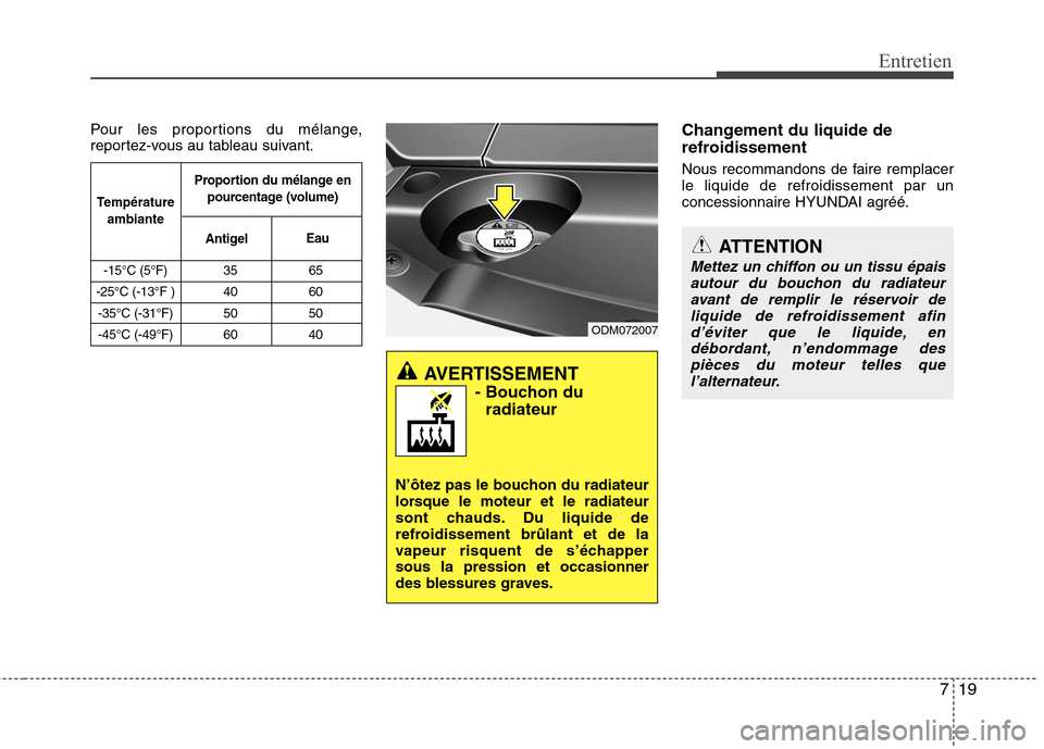 Hyundai Grand Santa Fe 2015  Manuel du propriétaire (in French) 719
Entretien
Pour les proportions du mélange, 
reportez-vous au tableau suivant.Changement du liquide de 
refroidissement 
Nous recommandons de faire remplacer le liquide de refroidissement par un
c