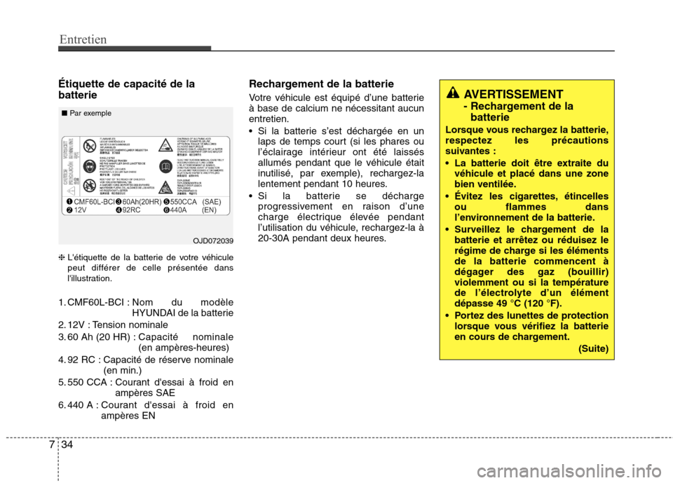 Hyundai Grand Santa Fe 2015  Manuel du propriétaire (in French) Entretien
34
7
Étiquette de capacité de la batterie ❈ Létiquette de la batterie de votre véhicule peut différer de celle présentée dans
lillustration.
1. CMF60L-BCI : Nom du modèle
HYUNDAI