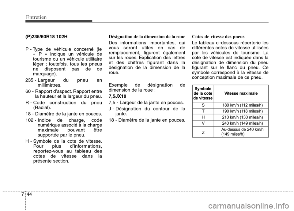 Hyundai Grand Santa Fe 2015  Manuel du propriétaire (in French) Entretien
44
7
(P)235/60R18 102H 
P - Type de véhicule concerné (le 
« P » indique un véhicule de 
tourisme ou un véhicule utilitaire
léger ; toutefois, tous les pneusne disposent pas de cemarq