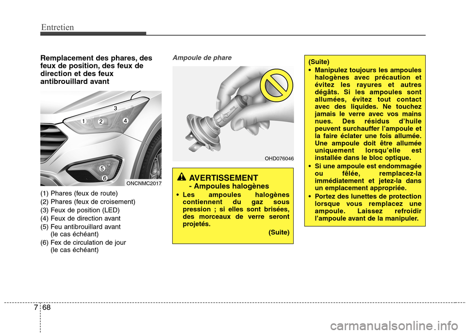 Hyundai Grand Santa Fe 2015  Manuel du propriétaire (in French) Entretien
68
7
Remplacement des phares, des 
feux de position, des feux de
direction et des feux
antibrouillard avant 
(1) Phares (feux de route) 
(2) Phares (feux de croisement)
(3) Feux de position 