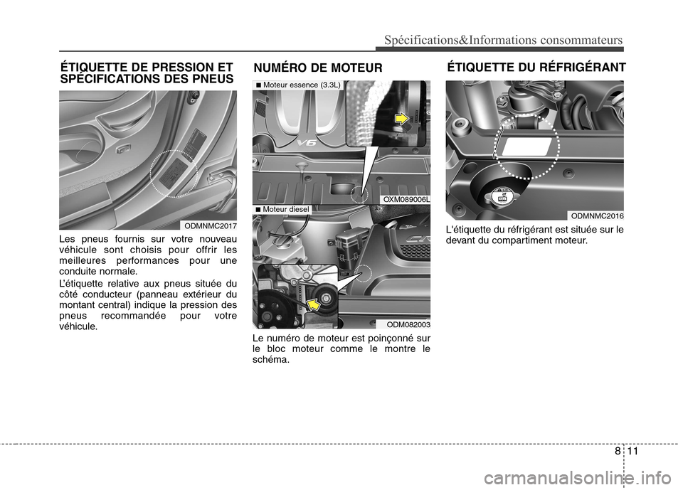 Hyundai Grand Santa Fe 2015  Manuel du propriétaire (in French) 811
Spécifications&Informations consommateurs
Les pneus fournis sur votre nouveau 
véhicule sont choisis pour offrir les
meilleures performances pour une
conduite normale. 
L’étiquette relative a