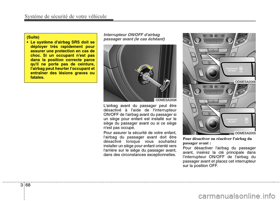 Hyundai Grand Santa Fe 2015 Manuel du propriétaire (in French) Système de sécurité de votre véhicule
68
3
Interrupteur ON/OFF dairbag
passager avant (le cas échéant)
Lairbag avant du passager peut être
désactivé à laide de linterrupteur
ON/OFF de Hyundai Grand Santa Fe 2015 Manuel du propriétaire (in French) Système de sécurité de votre véhicule
68
3
Interrupteur ON/OFF dairbag
passager avant (le cas échéant)
Lairbag avant du passager peut être
désactivé à laide de linterrupteur
ON/OFF de