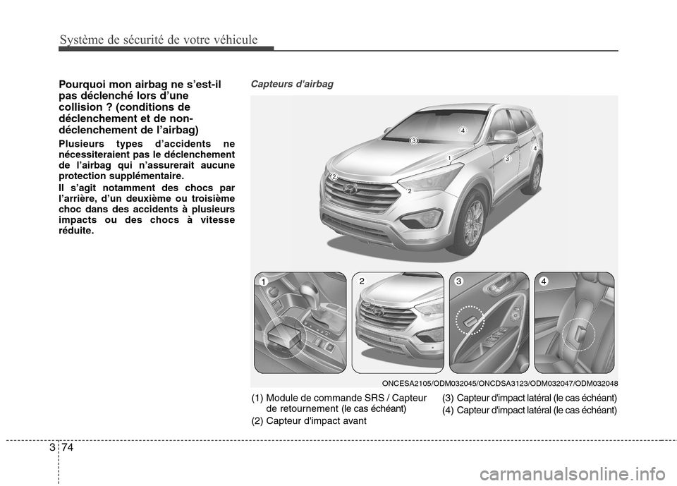 Hyundai Grand Santa Fe 2015  Manuel du propriétaire (in French) Système de sécurité de votre véhicule 
74
3
Pourquoi mon airbag ne s’est-il 
pas déclenché lors d’unecollision ? (conditions de
déclenchement et de non-
déclenchement de l’airbag) 
Plusi
