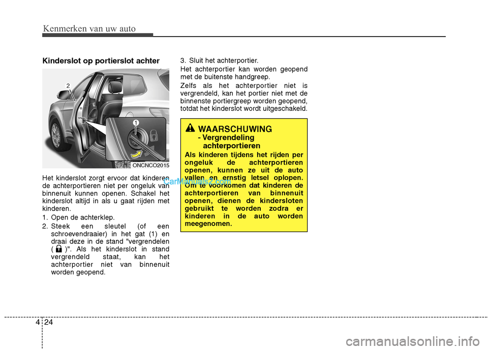 Hyundai Grand Santa Fe 2015 Handleiding (in Dutch) Kenmerken van uw auto
24
4
Kinderslot op portierslot achter
Het kinderslot zorgt ervoor dat kinderen
de achterportieren niet per ongeluk van
binnenuit kunnen openen. Schakel het
kinderslot altijd in Hyundai Grand Santa Fe 2015 Handleiding (in Dutch) Kenmerken van uw auto
24
4
Kinderslot op portierslot achter
Het kinderslot zorgt ervoor dat kinderen
de achterportieren niet per ongeluk van
binnenuit kunnen openen. Schakel het
kinderslot altijd in