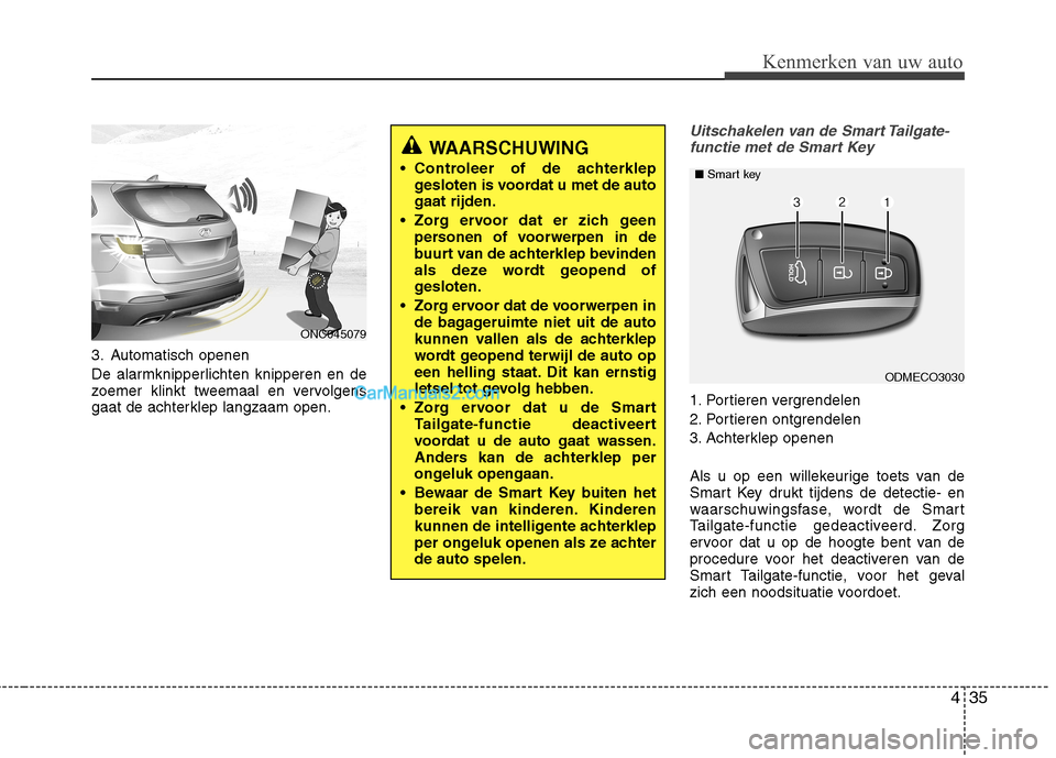 Hyundai Grand Santa Fe 2015 Handleiding (in Dutch) 435
Kenmerken van uw auto
3. Automatisch openen
De alarmknipperlichten knipperen en de
zoemer klinkt tweemaal en vervolgens
gaat de achterklep langzaam open.
Uitschakelen van de Smart Tailgate-funct Hyundai Grand Santa Fe 2015 Handleiding (in Dutch) 435
Kenmerken van uw auto
3. Automatisch openen
De alarmknipperlichten knipperen en de
zoemer klinkt tweemaal en vervolgens
gaat de achterklep langzaam open.
Uitschakelen van de Smart Tailgate-funct