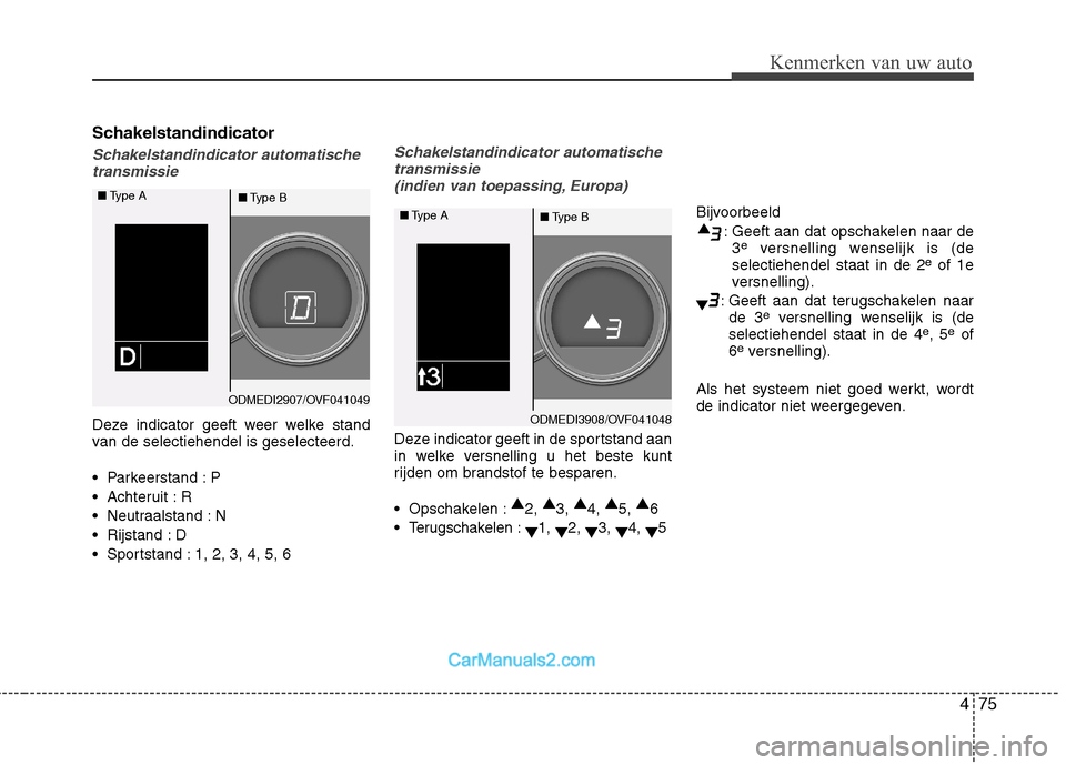 Hyundai Grand Santa Fe 2015  Handleiding (in Dutch) 475
Kenmerken van uw auto
Schakelstandindicator
Schakelstandindicator automatischetransmissie
Deze indicator geeft weer welke stand 
van de selectiehendel is geselecteerd. 
 Parkeerstand : P 
 Achteru