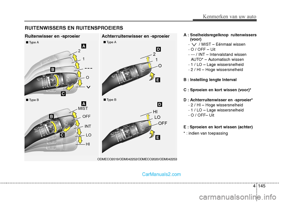 Hyundai Grand Santa Fe 2015  Handleiding (in Dutch) 4145
Kenmerken van uw auto
A : Snelheidsregelknop  ruitenwissers(voor)
·  / MIST – Eénmaal wissen · O / OFF – Uit
· --- / INT – Intervalstand wissen AUTO* – Automatisch wissen
· 1 / LO 