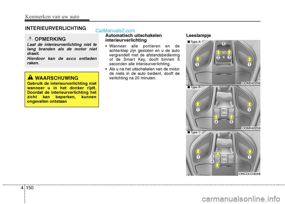 Hyundai Grand Santa Fe 2015  Handleiding (in Dutch) Kenmerken van uw auto
150
4
Automatisch uitschakelen 
interieurverlichting 
 Wanneer alle portieren en de
achterklep zijn gesloten en u de auto 
vergrendelt met de afstandsbediening
of de Smart Key, d