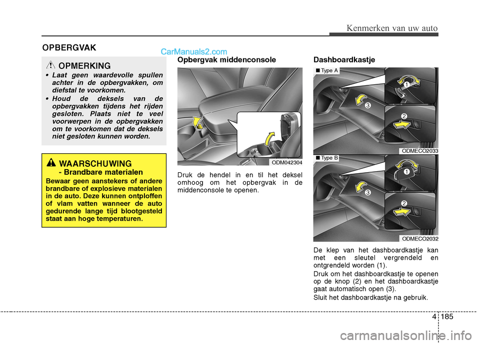 Hyundai Grand Santa Fe 2015  Handleiding (in Dutch) 4185
Kenmerken van uw auto
Opbergvak middenconsole 
Druk de hendel in en til het deksel 
omhoog om het opbergvak in demiddenconsole te openen.Dashboardkastje 
De klep van het dashboardkastje kan 
met 