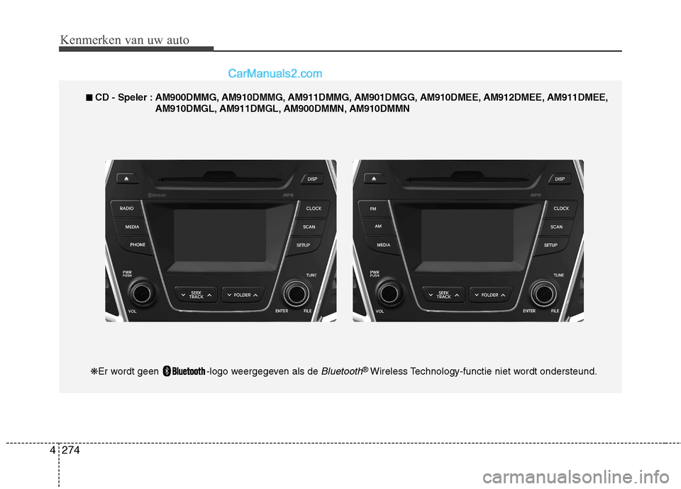 Hyundai Grand Santa Fe 2015  Handleiding (in Dutch) Kenmerken van uw auto
274
4
■■   
CD - Speler : AM900DMMG, AM910DMMG, AM911DMMG, AM901DMGG, AM910DMEE, AM912DMEE, AM911DMEE,
AM910DMGL, AM911DMGL, AM900DMMN, AM910DMMN
❋ Er wordt geen  -logo wee