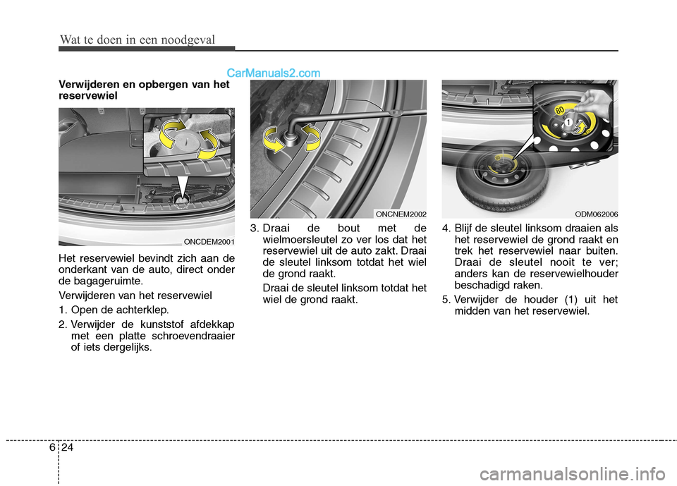 Hyundai Grand Santa Fe 2015  Handleiding (in Dutch) Wat te doen in een noodgeval
24
6
Verwijderen en opbergen van het 
reservewiel 
Het reservewiel bevindt zich aan de 
onderkant van de auto, direct onder
de bagageruimte. 
Verwijderen van het reservewi