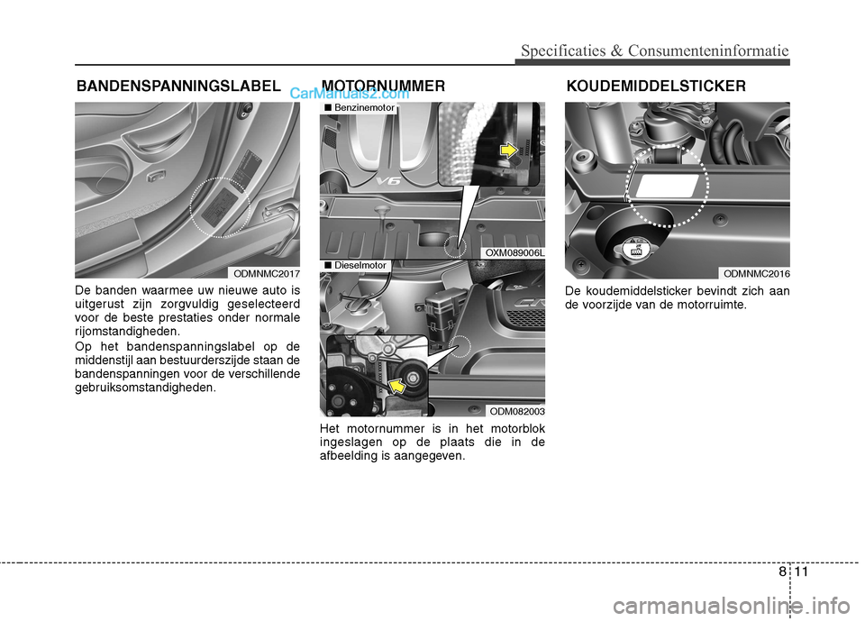Hyundai Grand Santa Fe 2015  Handleiding (in Dutch) 811
Specificaties & Consumenteninformatie
De banden waarmee uw nieuwe auto is 
uitgerust zijn zorgvuldig geselecteerd
voor de beste prestaties onder normale
rijomstandigheden. Op het bandenspanningsla