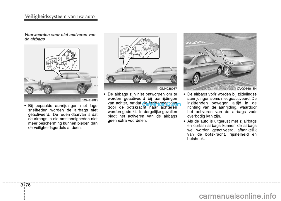 Hyundai Grand Santa Fe 2015  Handleiding (in Dutch) Veiligheidssysteem van uw auto
76
3
Voorwaarden voor niet-activeren van
de airbags
 Bij bepaalde aanrijdingen met lage snelheden worden de airbags niet 
geactiveerd. De reden daarvan is datde airbags 