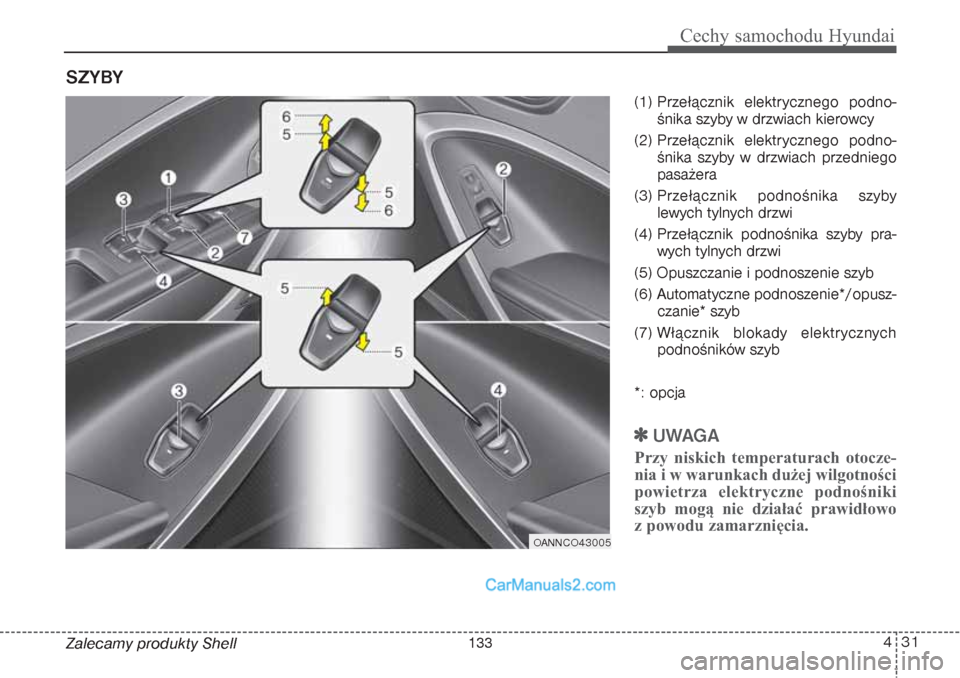 Hyundai Grand Santa Fe 2015  Instrukcja Obsługi (in Polish) 431
Cechy samochodu Hyundai
Zalecamy produkty Shell(1) Przełącznik elektrycznego podno-
śnika szyby w drzwiach kierowcy
(2) Przełącznik elektrycznego podno-
śnika szyby w drzwiach przedniego
pas