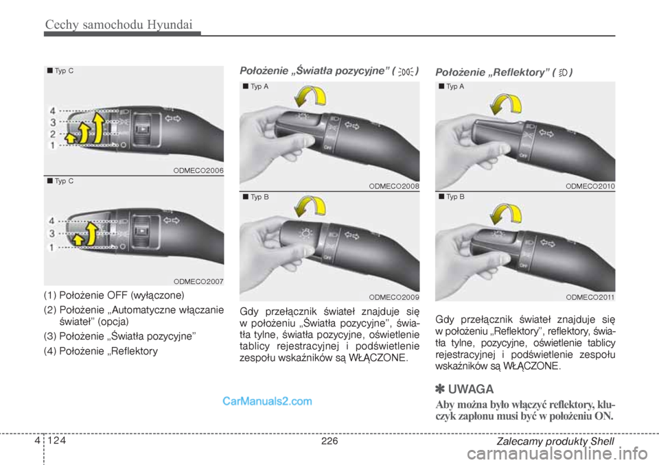 Hyundai Grand Santa Fe 2015  Instrukcja Obsługi (in Polish) Cechy samochodu Hyundai124 4
Zalecamy produkty Shell (1) Położenie OFF (wyłączone)
(2) Położenie „Automatyczne włączanie
świateł” (opcja)
(3) Położenie „Światła pozycyjne”
(4) Po