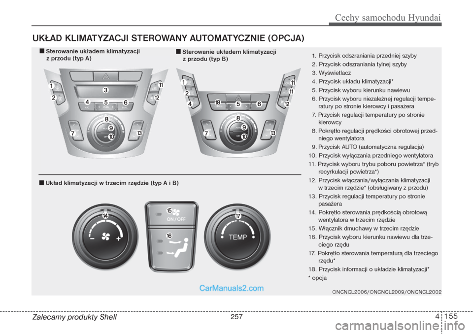 Hyundai Grand Santa Fe 2015 Instrukcja Obsługi (in Polish) 4 155
Cechy samochodu Hyundai
Zalecamy produkty ShellUKŁAD KLIMATYZACJI STEROWANY AUTOMATYCZNIE (OPCJA)
ONCNCL2006/ONCNCL2009/ONCNCL2002
1. Przycisk odszraniania przedniej szyby
2. Przycisk odszrania Hyundai Grand Santa Fe 2015 Instrukcja Obsługi (in Polish) 4 155
Cechy samochodu Hyundai
Zalecamy produkty ShellUKŁAD KLIMATYZACJI STEROWANY AUTOMATYCZNIE (OPCJA)
ONCNCL2006/ONCNCL2009/ONCNCL2002
1. Przycisk odszraniania przedniej szyby
2. Przycisk odszrania