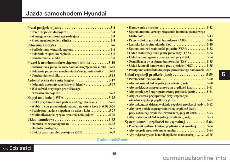 Hyundai Grand Santa Fe 2015 Instrukcja Obsługi (in Polish) Jazda samochodem HyundaiPrzed podjęciem jazdy . . . . . . . . . . . . . . . . . . . . . . . . . . . . 5-4• Przed wejściem do pojazdu . . . . . . . . . . . . . . . . . . . . . . . . . . . 5-4
• W Hyundai Grand Santa Fe 2015 Instrukcja Obsługi (in Polish) Jazda samochodem HyundaiPrzed podjęciem jazdy . . . . . . . . . . . . . . . . . . . . . . . . . . . . 5-4• Przed wejściem do pojazdu . . . . . . . . . . . . . . . . . . . . . . . . . . . 5-4
• W