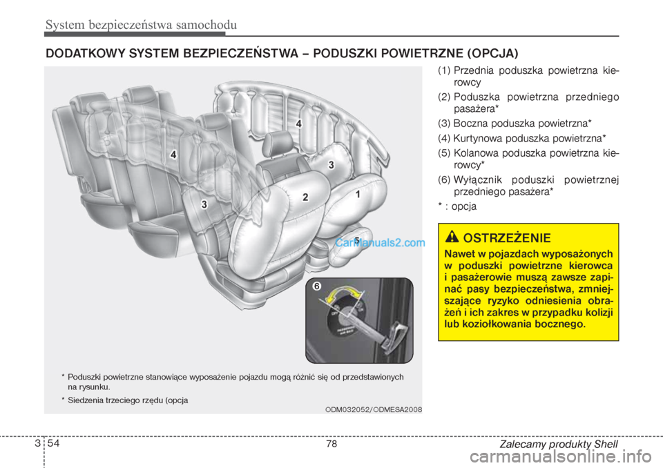 Hyundai Grand Santa Fe 2015  Instrukcja Obsługi (in Polish) System bezpieczeństwa samochodu54 3
Zalecamy produkty Shell (1) Przednia poduszka powietrzna kie-
rowcy
(2) Poduszka powietrzna przedniego
pasażera*
(3) Boczna poduszka powietrzna*
(4) Kurtynowa pod