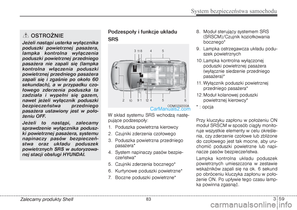 Hyundai Grand Santa Fe 2015  Instrukcja Obsługi (in Polish) 359
System bezpieczeństwa samochodu
Zalecamy produkty Shell
Podzespoły i funkcje układu
SRSW skład systemu SRS wchodzą nastę-
pujące podzespoły:
1.  Poduszka powietrzna kierowcy
2. Czujniki zd