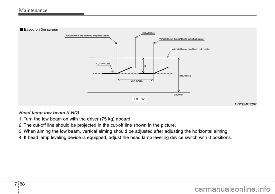 Hyundai Grand Santa Fe 2014  Owners Manual Maintenance
88 7
ONCEMC3207
Head lamp low beam (LHD) 
1. Turn the low beam on with the driver (75 kg) aboard.
2. The cut-off line should be projected in the cut-off line shown in the picture.
3. When 