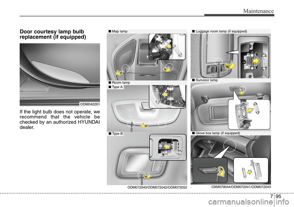 Hyundai Grand Santa Fe 2014  Owners Manual 795
Maintenance
Door courtesy lamp bulb
replacement (if equipped)
If the light bulb does not operate, we
recommend that the vehicle be
checked by an authorized HYUNDAI
dealer.
ODM042261
■Map lamp
OX