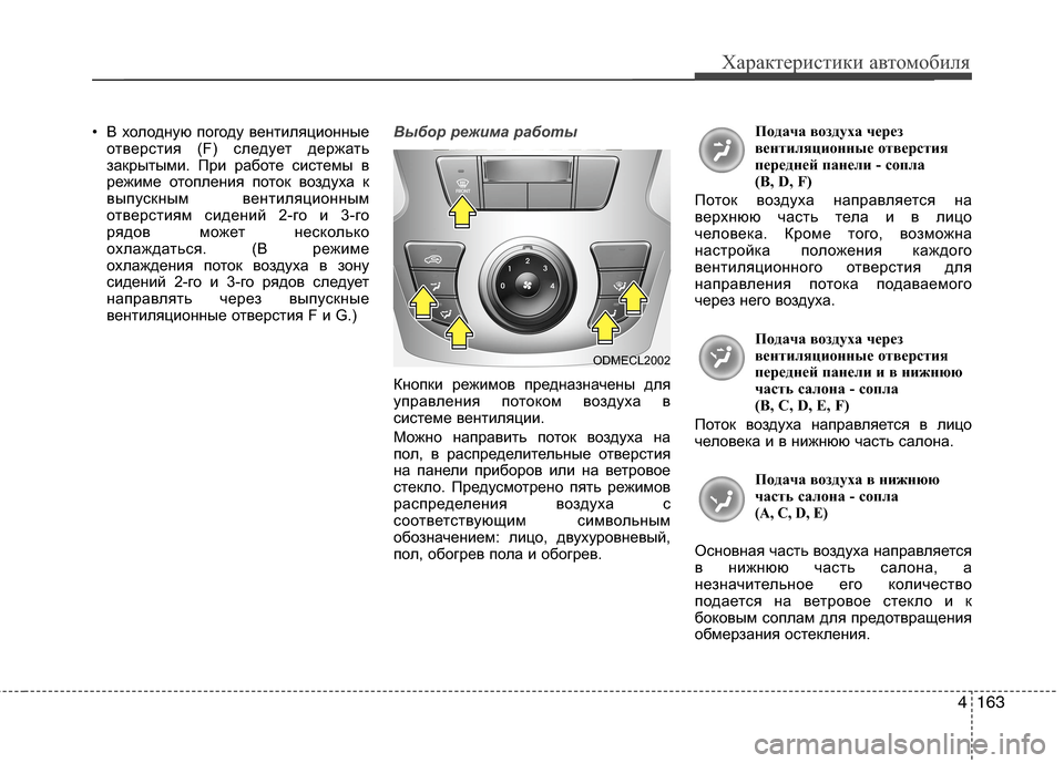 Hyundai Grand Santa Fe 2013  Инструкция по эксплуатации (in Russian) 4163
Характеристики автомобиля
• В холодную погоду вентиляционные
отверстия (F) следует держать
закрытыми. При