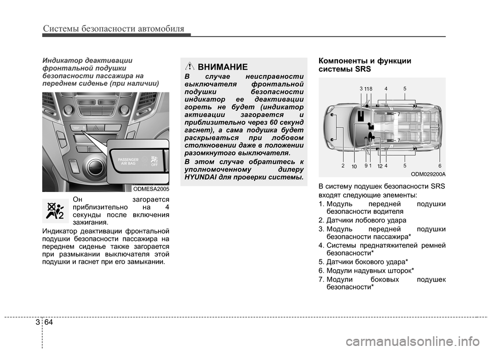 Hyundai Grand Santa Fe 2013 Инструкция по эксплуатации (in Russian) Системы безопасности автомобиля
64 3
Индикатор деактивации
фронтальной подушки
безопасности пассажира на
пе Hyundai Grand Santa Fe 2013 Инструкция по эксплуатации (in Russian) Системы безопасности автомобиля
64 3
Индикатор деактивации
фронтальной подушки
безопасности пассажира на
пе