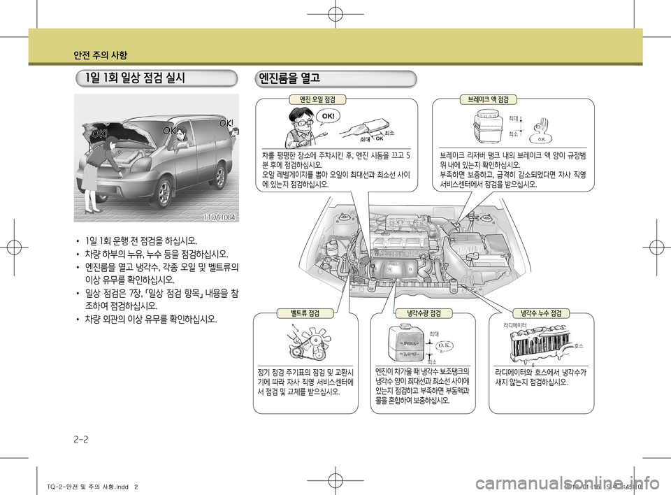 Hyundai Grand Starex 2011  그랜드 스타렉스 - 사용 설명서 (in Korean) 안전 주의 사항
2-2
• 1 일  1회 운행 전 점검을 하십시오.
•   차량 하부의 누유, 누수 등을 점검하십시오.
•   엔진룸을 열고 냉각수, 각종 오일 및 벨