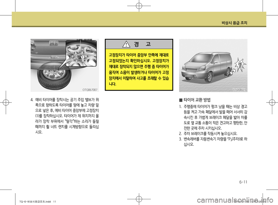 Hyundai Grand Starex 2011  그랜드 스타렉스 - 사용 설명서 (in Korean) 비상시 응급 조치
6-11
4.  예비 타이어를 장착시는 공기 주입 밸브가 위
쪽으로 향하도록 타이어를 땅에 놓고 차량 밑 
으로 넣은 후 , 예비 타이어 중앙