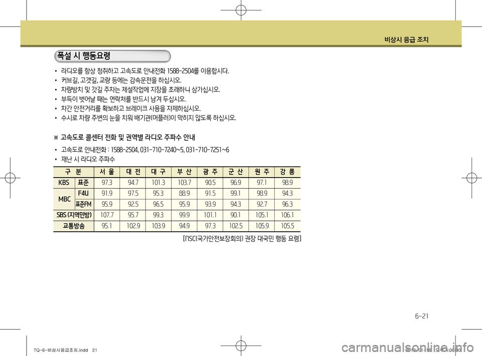 Hyundai Grand Starex 2011  그랜드 스타렉스 - 사용 설명서 (in Korean) 비상시 응급 조치
6-21
•  라디오를 항상 청취하고 고속도로 안내전화  1588-2504를 이용합시다.
•   커브길 , 고갯길 , 교량 등에는 감속운전을 하십시오.