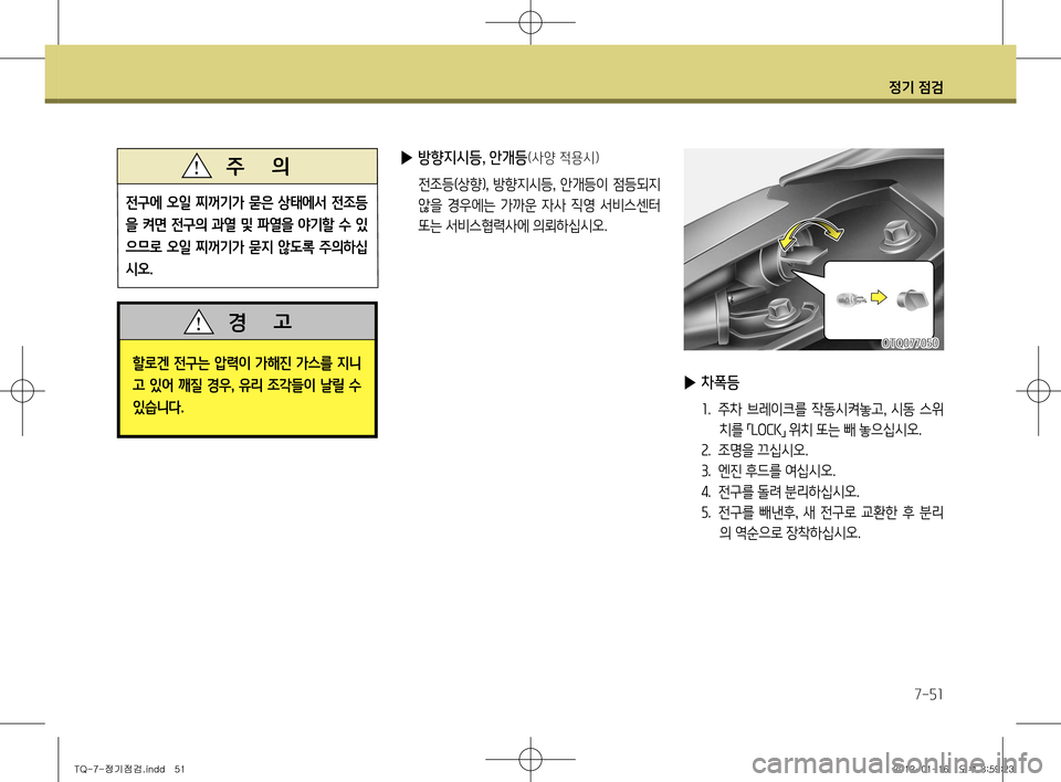Hyundai Grand Starex 2011  그랜드 스타렉스 - 사용 설명서 (in Korean) 정기 점검
7-51
 
▶ 방향지시등, 안개등(사양 적용시)
  전조등(상향) ,  방향지시등 ,  안개등이  점등되지 
않을  경우에는  가까운  자사  직영  서비스
