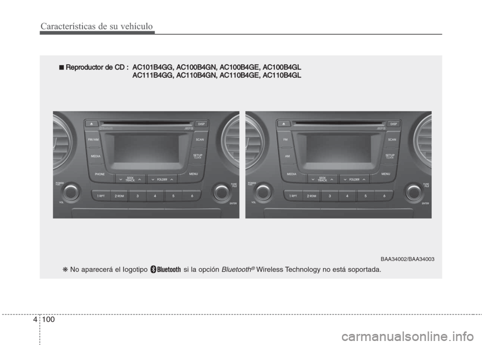 Hyundai Grand i10 2016  Manual del propietario (in Spanish) Características de su vehículo
100 4
■ Reproductor de CD :  AC101B4GG, AC100B4GN, AC100B4GE, AC100B4GL
AC111B4GG, AC110B4GN, AC110B4GE, AC110
B4GL
❋ No aparecerá el Iogotipo  si la opción Blue